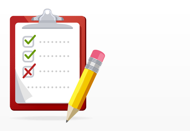 Graphic showing a clipboard and pencil with a piece of paper that has two check marks and a red X. 