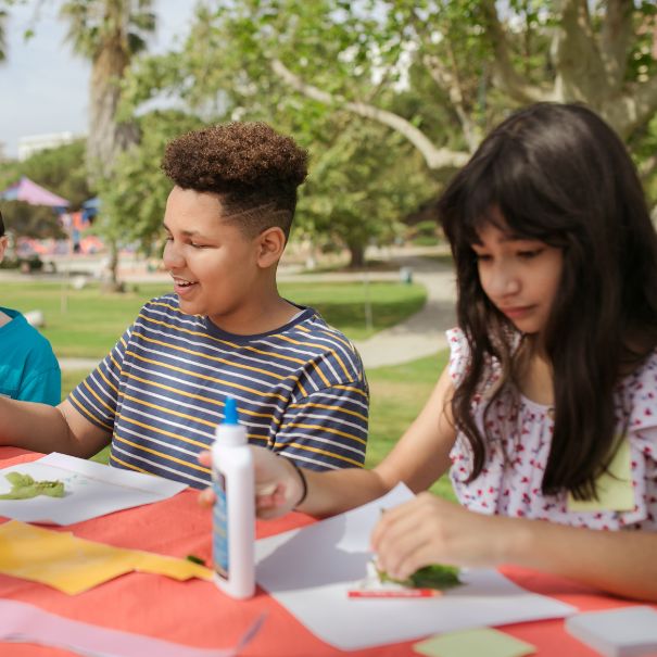 Kids making art outside