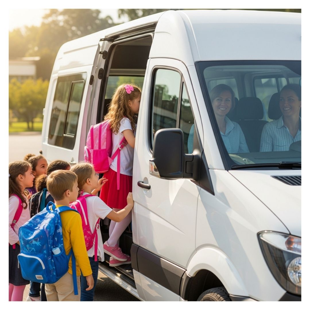 school-aged kids getting into a van to go to school