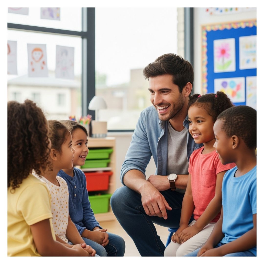 teacher talking to preschoolers
