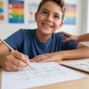 Close-up of a child's hand marking a correct solution to a math problem, symbolizing conceptual mastery.