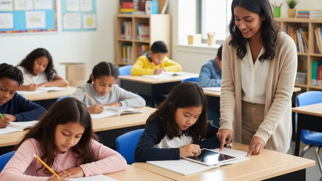 Diverse elementary school students focused on personalized Math and English assignments in a quiet after school care setting.