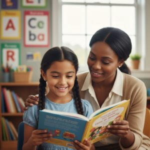 A smiling child and an adult sharing a book, highlighting engagement in English literacy and learning programs.