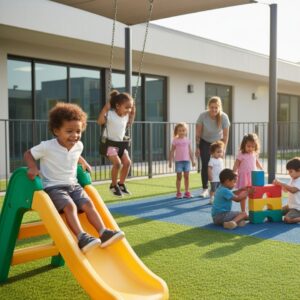 Children playing happily and safely in a bright, supervised outdoor area after their academic learning programs.