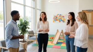 Parents and a teacher talking in a bright, modern childcare center lobby, symbolizing open communication.
