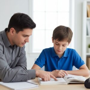 An adult tutor providing personalized, one-on-one academic instruction to an elementary-aged boy at a desk.