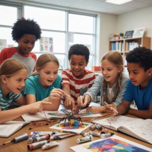 Kids collaborating on a art project, demonstrating early cognitive and social interaction skills.