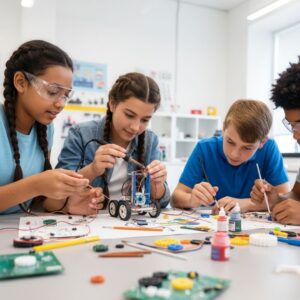 Excited middle school students engaged in a hands-on enrichment project involving robotics or advanced creative components.