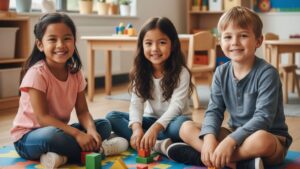 Three happy preschoolers sorting colorful shapes, demonstrating early cognitive and social interaction skills.
