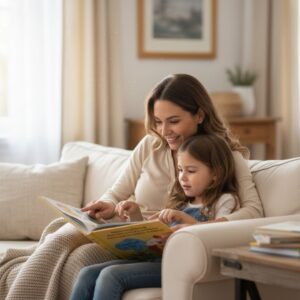 A mother and her young child sharing a quiet, engaged moment while reading a book at home, symbolizing caregiver support.