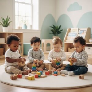 A group of infants from diverse backgrounds sit together on a plush mat exploring colorful wooden blocks in a clean classroom.