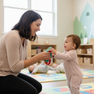 A smiling childcare professional makes gentle eye contact while playing with a happy baby in a nurturing environment.