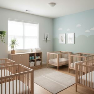 A peaceful and organized daycare nursery featuring sturdy wooden cribs and minimalist decor under soft lighting.