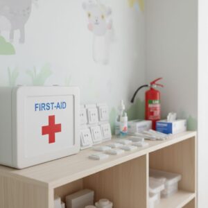 A professional first-aid kit and organized safety supplies sit ready on a clean shelf in a modern childcare facility.