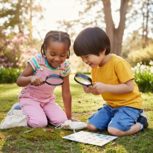 A diverse group of curious children explore a lush green park using magnifying glasses during a nature walk.