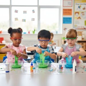 children participate in a hands-on science experiment with colorful liquids in a bright classroom.