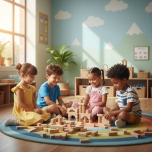 Happy preschoolers sit on a colorful rug playing collaboratively with building blocks in a well-lit daycare center.