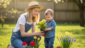 A young child and a parent smile while planting colorful spring flowers in a sun-drenched garden.
