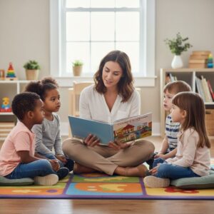 An attentive teacher sits on the floor reading an illustrated storybook to a captivated group of young children.
