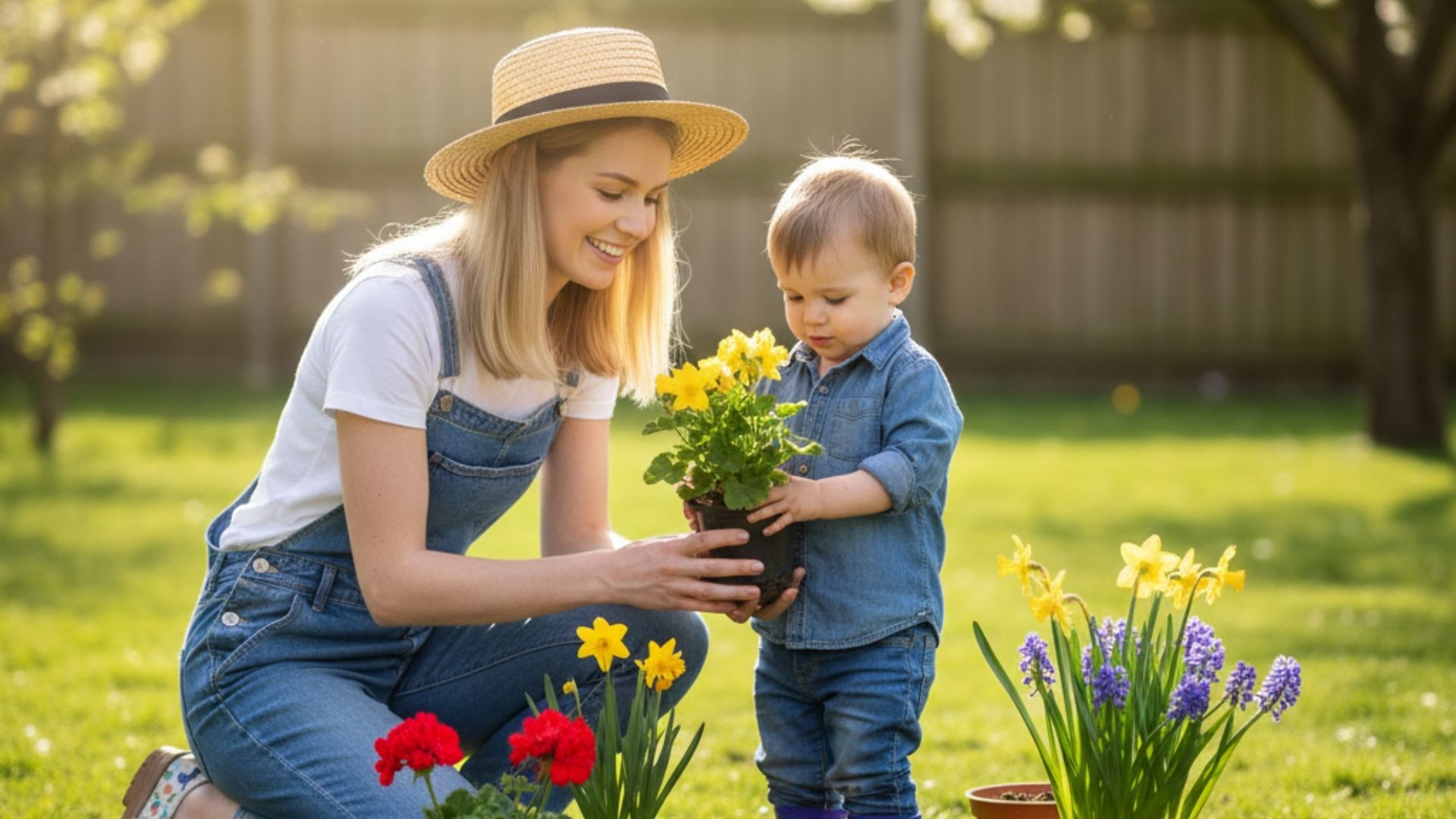 A young child and a parent smile while planting colorful spring flowers in a sun-drenched garden.