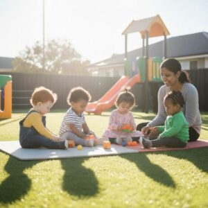 A teacher and four diverse infants sit on a sunny outdoor playground mat playing with colorful blocks.