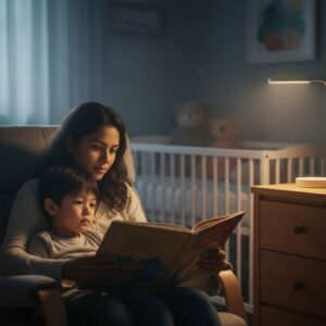 A mother sits in a dim room reading a bedtime story to her young son by the light of a small desk lamp.