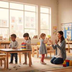 Two young children build with blocks at a table while a teacher kneels nearby in a sunny, well-equipped classroom.