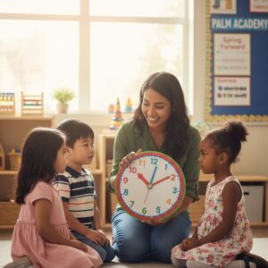 A teacher kneels on the floor of a classroom holding a large toy clock as three diverse children look on attentively.