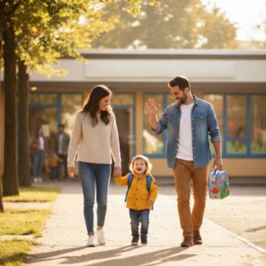 A young couple taking their young child to daycare.
