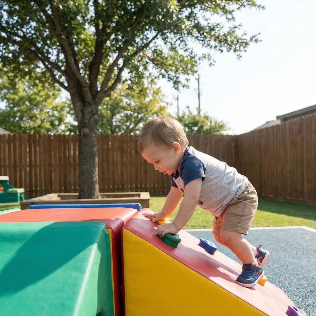 A toddler actively climbing a low, colorful soft playground structure outdoors.