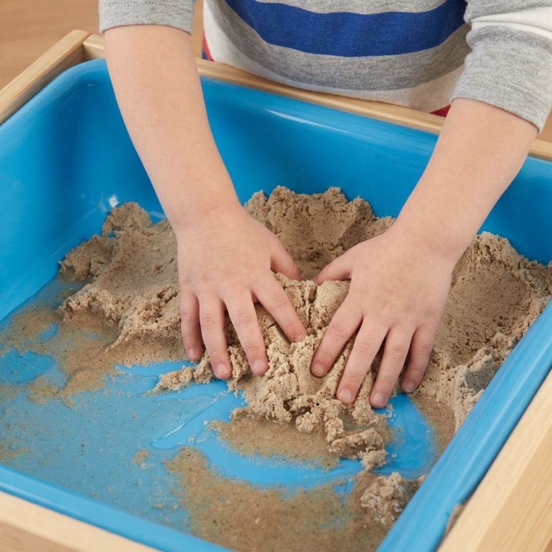 A child's hands explore the textures of wet sand and water at a sensory play table.