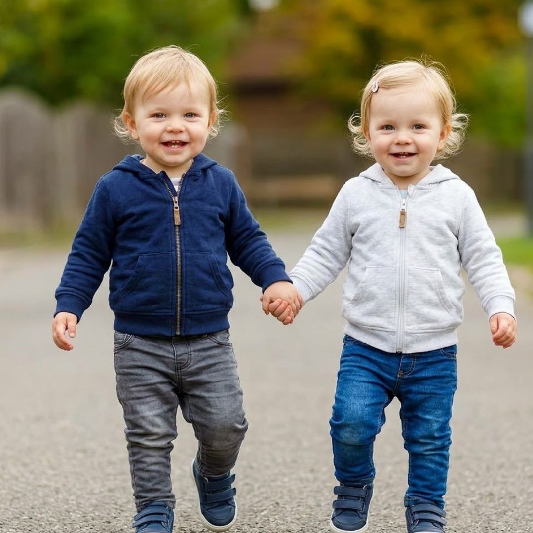 Two toddlers smile happily while holding hands during an outdoor walk.